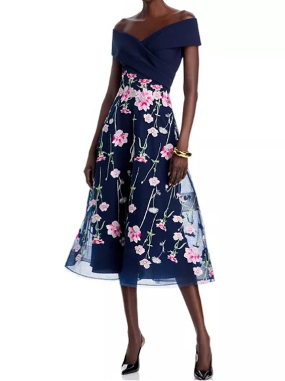 Teri Jon by Rickie Freeman Size 10 NWT Off-the-Shoulder Embroidered Tulle Dress